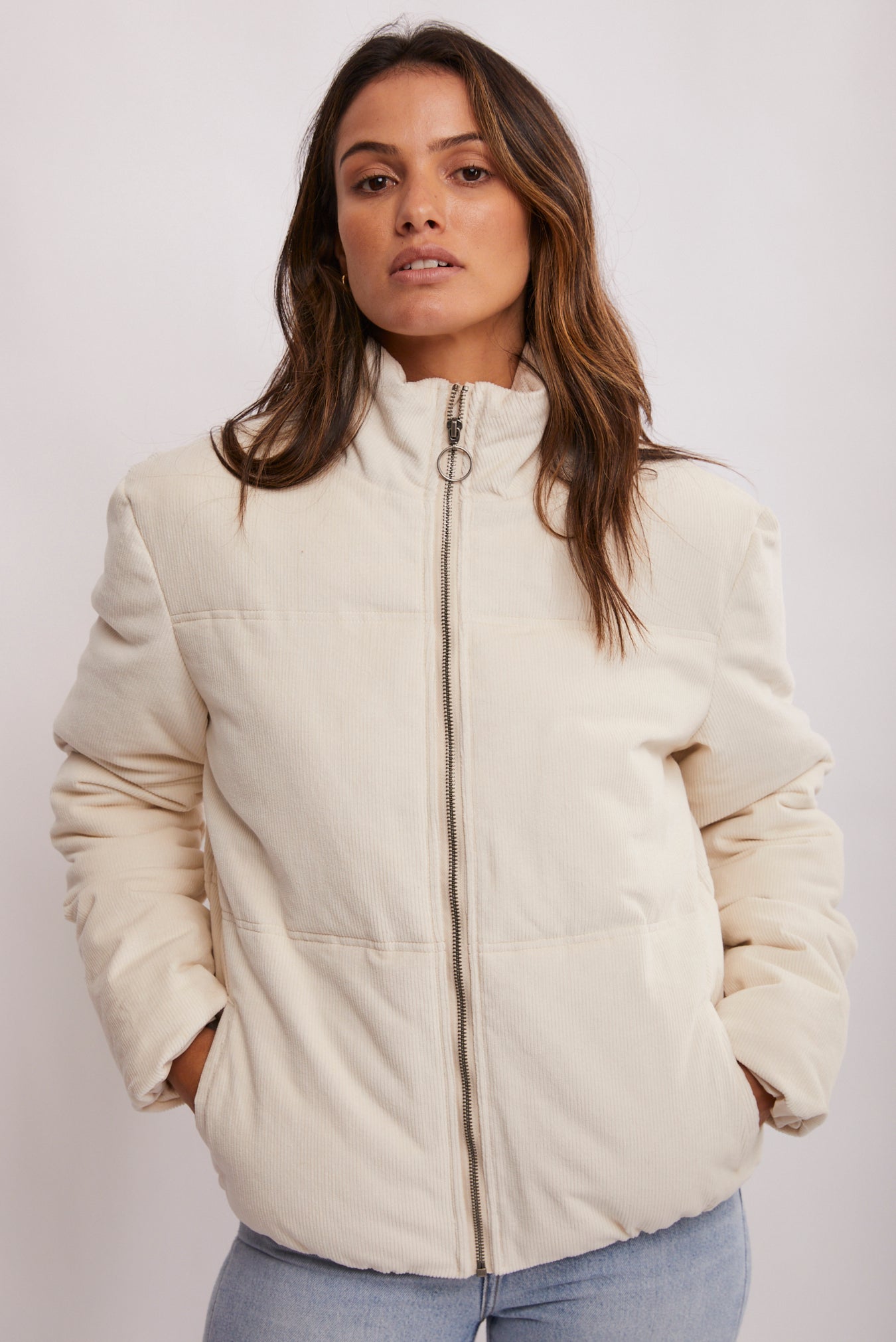 white cord puffer jacket