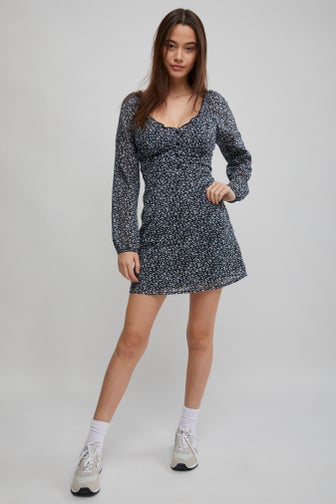 Cute Black Floral Print Dress - Long Sleeve Dress - Mini Dress - Lulus